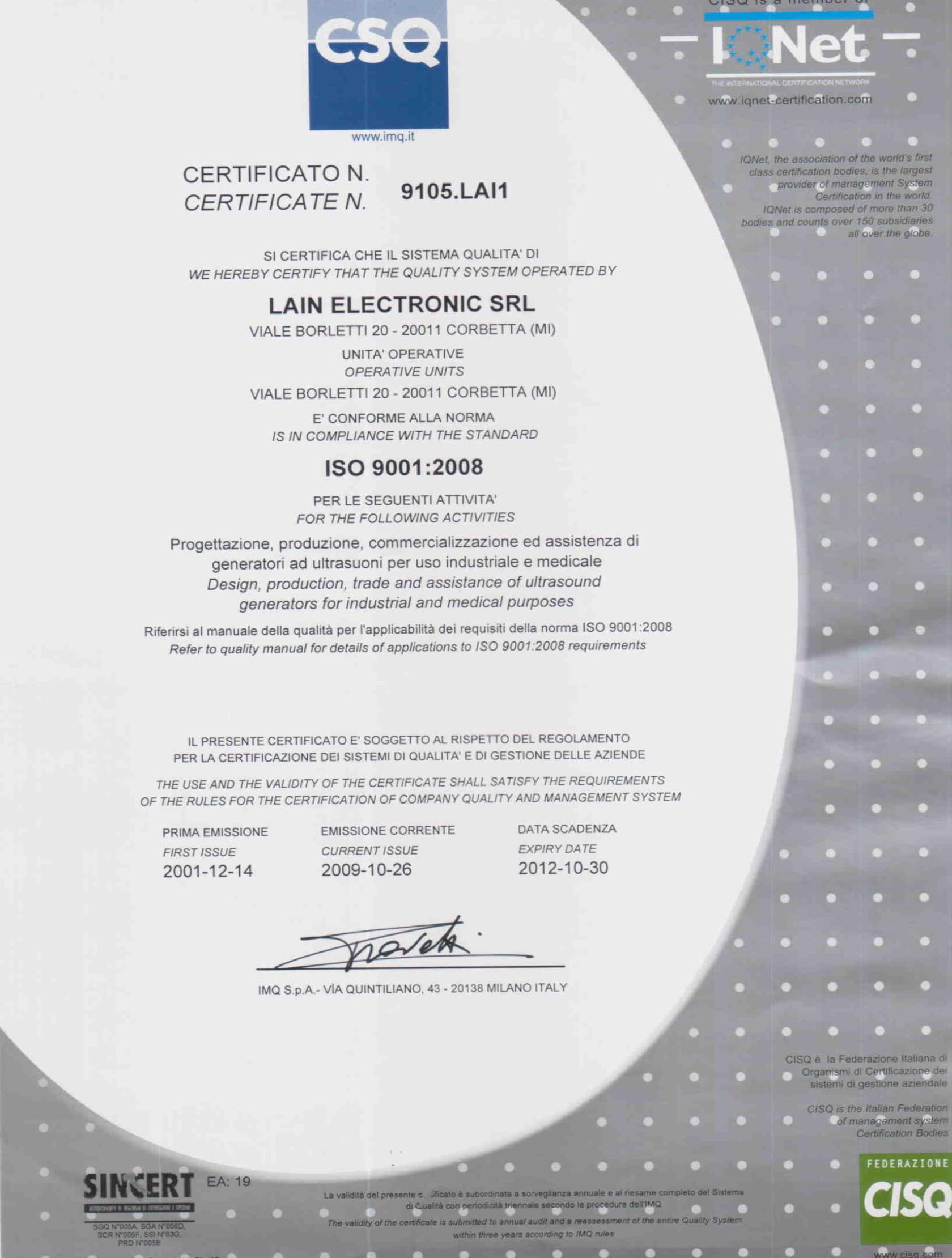 ISO 9001:2008 SINCERT